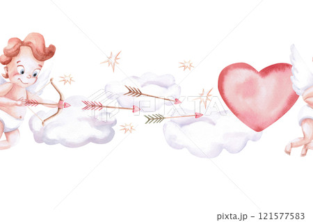 Seamless border of cupid shooting heart. Isolated watercolor illustration for design of cards, invitations, Valentine's Day decorations, poster and fabric prints. Seamless border of cupid shooting heart. Isolated watercolor illustration for design of cards, invitations, Valentine's Day decorations, poster and fabric prints. 121577583