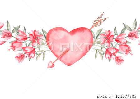 Seamless border with arrow-pierced heart and flowers. Isolated watercolor illustration for design of cards, invitations, Valentine's Day decorations, poster and fabric prints. 121577585