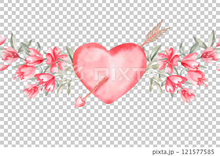 Seamless border with arrow-pierced heart and flowers. Isolated watercolor illustration for design of cards, invitations, Valentine's Day decorations, poster and fabric prints. Seamless border with arrow-pierced heart and flowers. Isolated watercolor illustration for design of cards, invitations, Valentine's Day decorations, poster and fabric prints. 121577585