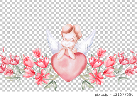 Seamless border angel with heart and flowers. Isolated watercolor illustration for design of cards, invitations, decoration of children's rooms, printing on posters and fabric. 121577586