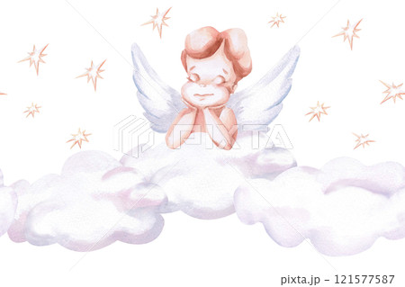 Seamless border with angel in clouds. Isolated watercolor illustration for invitation design, cafe decoration, children's parties, Valentine's day, posters, postcards, fabric printing. 121577587