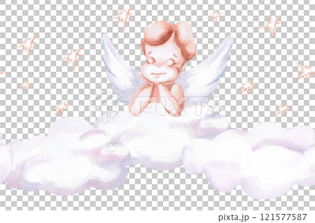 Seamless border with angel in clouds. Isolated watercolor illustration for invitation design, cafe decoration, children's parties, Valentine's day, posters, postcards, fabric printing. 121577587