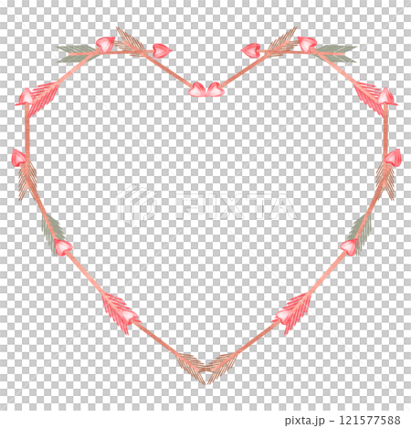 Heart-shaped frame made of bow arrows. Isolated watercolor illustration for invitation design, cafe decoration, children's parties, Valentine's day, posters, postcards. Heart-shaped frame made of bow arrows. Isolated watercolor illustration for invitation design, cafe decoration, children's parties, Valentine's day, posters, postcards. 121577588
