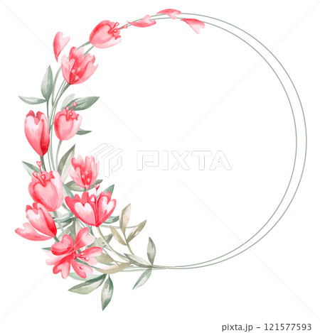 Round frame with wild flowers. Isolated watercolor illustration for invitation design, cafe decoration, children's parties, Valentine's Day, posters, postcards. 121577593