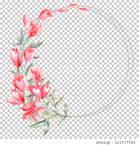 Round frame with wild flowers. Isolated watercolor illustration for invitation design, cafe decoration, children's parties, Valentine's Day, posters, postcards. 121577593
