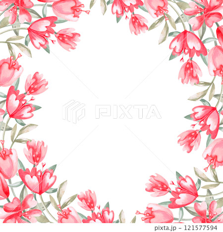 Square frame with wild flowers. Isolated watercolor illustration for invitation design, cafe decoration, children's parties, Valentine's Day, posters, postcards. 121577594