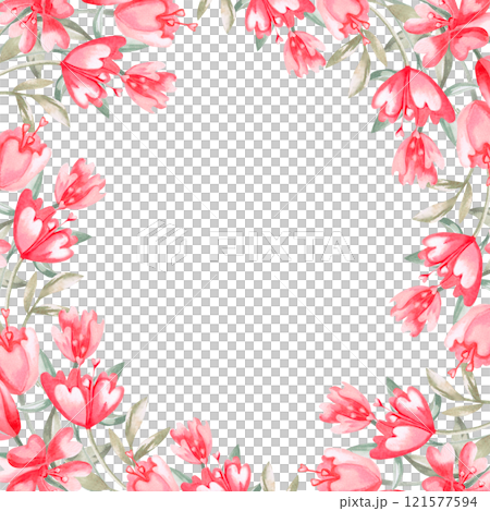 Square frame with wild flowers. Isolated watercolor illustration for invitation design, cafe decoration, children's parties, Valentine's Day, posters, postcards. 121577594