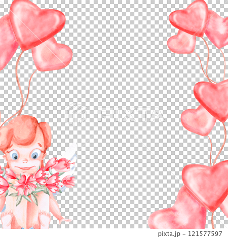 Square frame with angel and gift box, balloons. Isolated watercolor illustration for invitation design, children's party decoration, Valentine's Day. 121577597