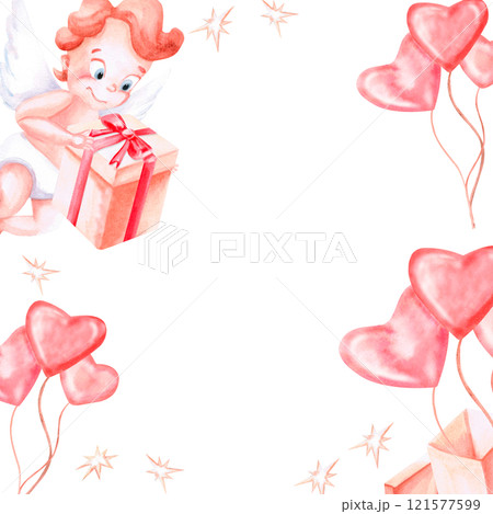 Square frame with flying angel with gift box and balloons. Isolated watercolor illustration for invitation design, children's party decoration, Valentine's Day. Square frame with flying angel with gift box and balloons. Isolated watercolor illustration for invitation design, children's party decoration, Valentine's Day. 121577599