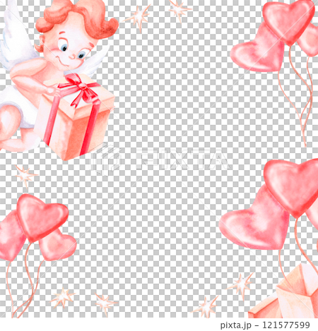 Square frame with flying angel with gift box and balloons. Isolated watercolor illustration for invitation design, children's party decoration, Valentine's Day. Square frame with flying angel with gift box and balloons. Isolated watercolor illustration for invitation design, children's party decoration, Valentine's Day. 121577599