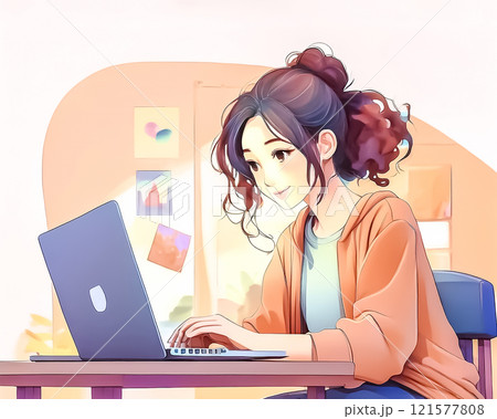 カフェでパソコンを使う女性のイメージ素材 カフェでパソコンを使う女性のイメージ素材 121577808