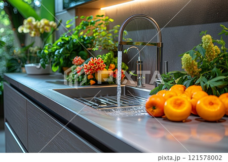 Sink is filled with water, creating a bright and inviting atmosphere 121578002