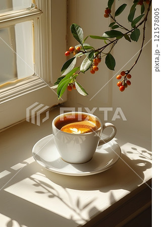 White coffee cup with saucer on table next to window. Sunlight is shining through window, casting warm glow 121578005