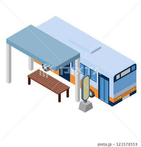 バス停にバスが止まっているアイソメトリックイラスト、右面法。主線なし。 121578553