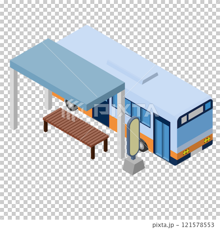 バス停にバスが止まっているアイソメトリックイラスト、右面法。主線なし。 121578553