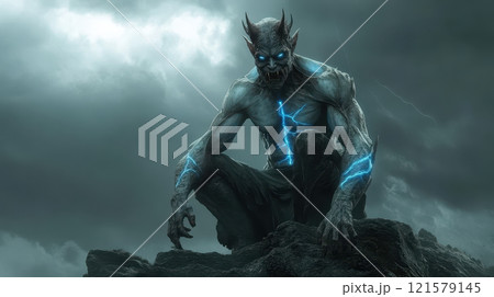 powerful demon with translucent skin and glowing blue veins 121579145