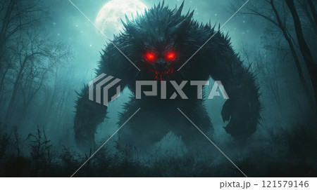 terrifying beast with spiked fur and glowing red eyes 121579146