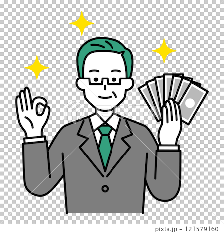 A middle-aged man in a suit holding money and making an OK sign A middle-aged man in a suit holding money and making an OK sign 121579160