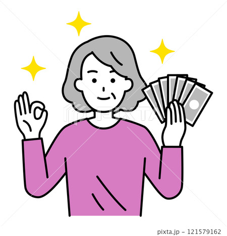 お金を持ってOKサインをする年配の女性 お金を持ってOKサインをする年配の女性 121579162