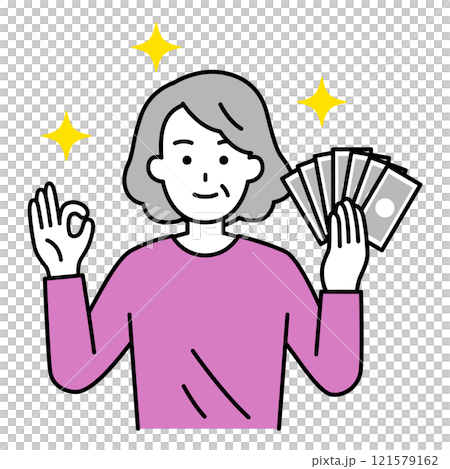 An elderly woman holding money and making an OK sign An elderly woman holding money and making an OK sign 121579162