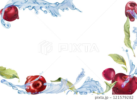 Sweet sour cherry cerise flying in water splashes drops, hand drawn in watercolor, ripe red garden berry and leaves. Isolated border frame illustration. Restaurant cafe menu, farmers market, wedding Sweet sour cherry cerise flying in water splashes drops, hand drawn in watercolor, ripe red garden berry and leaves. Isolated border frame illustration. Restaurant cafe menu, farmers market, wedding 121579282