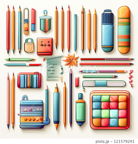カラフルな文房具のイラスト素材 121579291