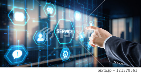 Businessman presses a button Service. Technical Support Customer Business Technology Internet Concept 121579363