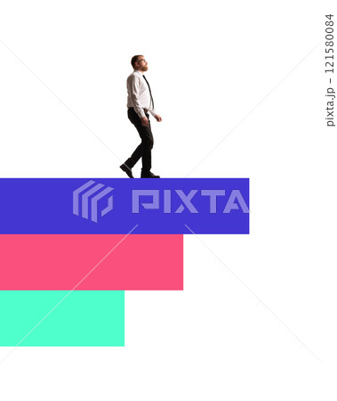 Poster. Contemporary art collage. Businessman walking along bar chart, depicting strategic growth and navigating professional paths. Poster. Contemporary art collage. Businessman walking along bar chart, depicting strategic growth and navigating professional paths. 121580084