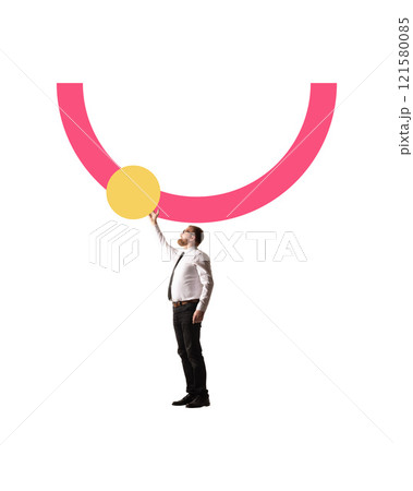 Poster. Contemporary art collage. Man standing, reaching towards minimalistic graphic, symbolizing goal-oriented aspirations and reaching milestones. 121580085