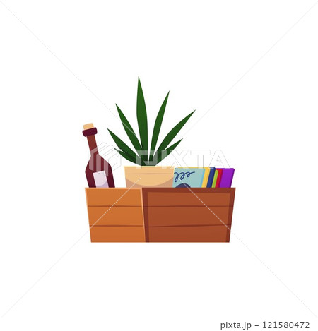 Vector of wooden box with plant, books, magazines and glass bottle on a white background Vector of wooden box with plant, books, magazines and glass bottle on a white background 121580472