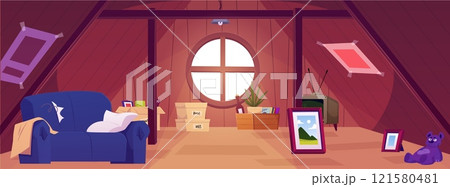 Vector illustration of an old wooden attic with a broken sofa, storage boxes and retro items. Vector illustration of an old wooden attic with a broken sofa, storage boxes and retro items. 121580481