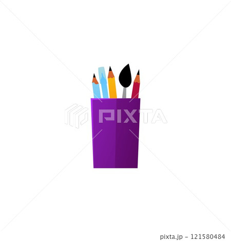 Vector illustration of a stand with colored pencils and a brush on an isolated background. Vector illustration of a stand with colored pencils and a brush on an isolated background. 121580484