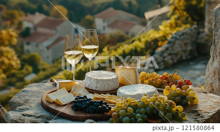French cheeses grapes and wine 121580864