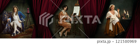 Collage. People, men and woman, in historical outfits, nobleman on throne, artist sketching at easel, and woman embroidering by candlelight. Collage. People, men and woman, in historical outfits, nobleman on throne, artist sketching at easel, and woman embroidering by candlelight. 121580969