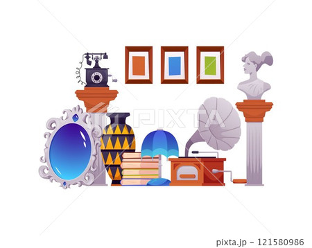 Vector illustration of Old things for sale in antique shop. 121580986