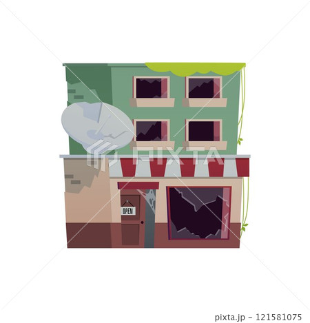Illustration of abandoned old two-story building with broken windows and overgrown with grass. Illustration of abandoned old two-story building with broken windows and overgrown with grass. 121581075
