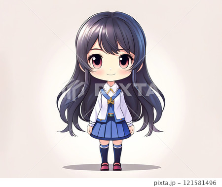 ちびキャラ　制服の衣装を着た少女のイメージ素材　ロングヘア 121581496