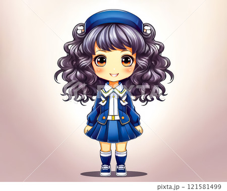 ちびキャラ　制服の衣装を着た少女のイメージ素材　ロングヘア 121581499