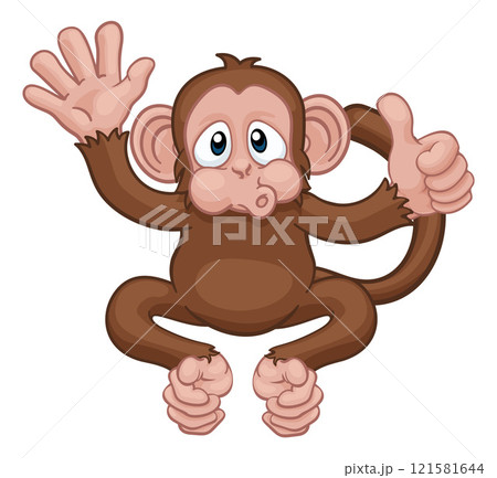 Monkey Cartoon Animal Waving and Giving Thumbs Up 121581644