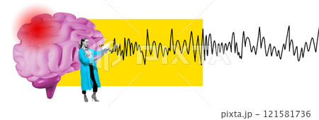 Contemporary art collage. Doctor analyzes brain activity graph next to highlighted area on pink brain, symbolizing evaluation of neurological conditions or mental stress. 121581736