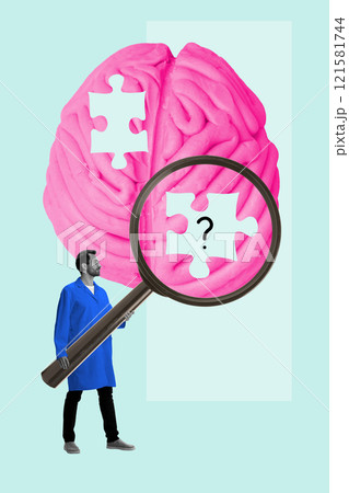 Contemporary art collage. Puzzle pieces and magnifying glass over pink brain represent solving neurological mysteries or finding missing links in healthcare. Contemporary art collage. Puzzle pieces and magnifying glass over pink brain represent solving neurological mysteries or finding missing links in healthcare. 121581744