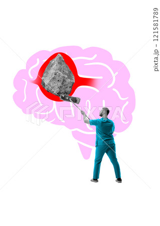 Contemporary art collage. Professional in medical scrubs attempts to break metaphorical obstacle within pink brain symbolizing mental block or treatment challenge. Contemporary art collage. Professional in medical scrubs attempts to break metaphorical obstacle within pink brain symbolizing mental block or treatment challenge. 121581789