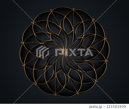 Gold Luxury Sacred Mandala template. Flower round design element isolated on black background. Circle pattern in golden color. Vector illustration for logo, monogram, web design, decoration, business Gold Luxury Sacred Mandala template. Flower round design element isolated on black background. Circle pattern in golden color. Vector illustration for logo, monogram, web design, decoration, business 121581939