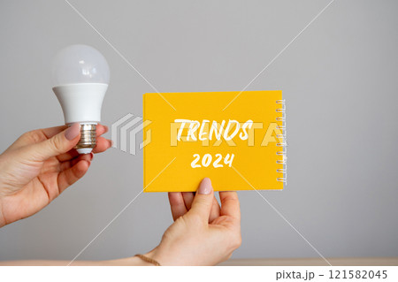 Notebook trends 2024 and lamp in hands. The concept of searching for new ideological trends and tendencies. Exclusive trend. Popular and relevant topics. 121582045