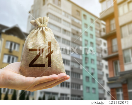 Poland zloty bag against the background of modern high-rise buildings. Investing in the purchase of real estate. Affordable housing and mortgage rates. Renting apartments and houses. Blurred 121582075
