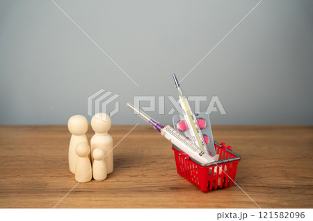 Figure of people near a basket with medical pills, a thermometer and a syringe. Concept of health insurance and family vaccination. Healthcare Figure of people near a basket with medical pills, a thermometer and a syringe. Concept of health insurance and family vaccination. Healthcare 121582096