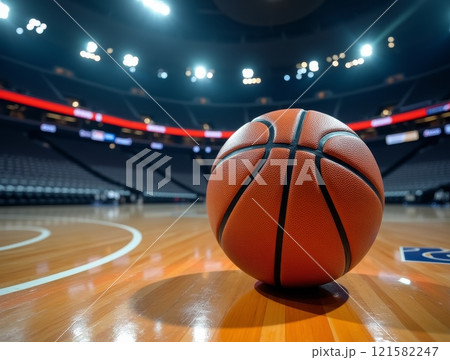Basketball resting on the court before a game in a large arena with bright lights 121582247