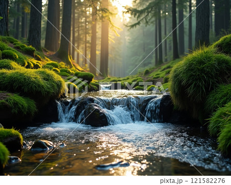 Tranquil forest stream flowing over rocks in a sunlit woodland during golden hour 121582276