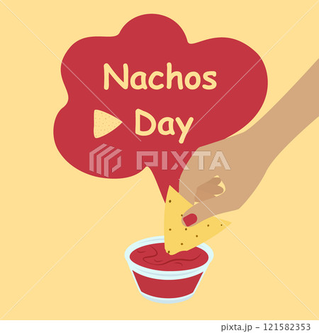 Nachos Day Lettering and tortilla chips in female hand dipping it in saucer with tomatoes sauce 121582353