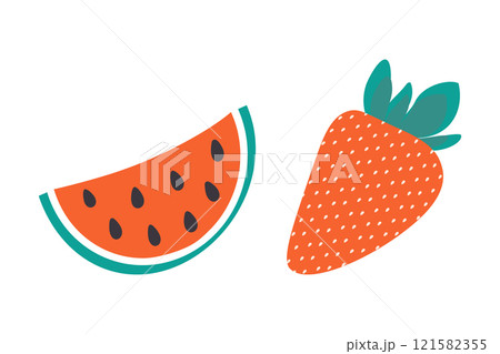 Watermelon slice and whole strawberry Ripe summertime berries. Healthy eating cards design elements Watermelon slice and whole strawberry Ripe summertime berries. Healthy eating cards design elements 121582355